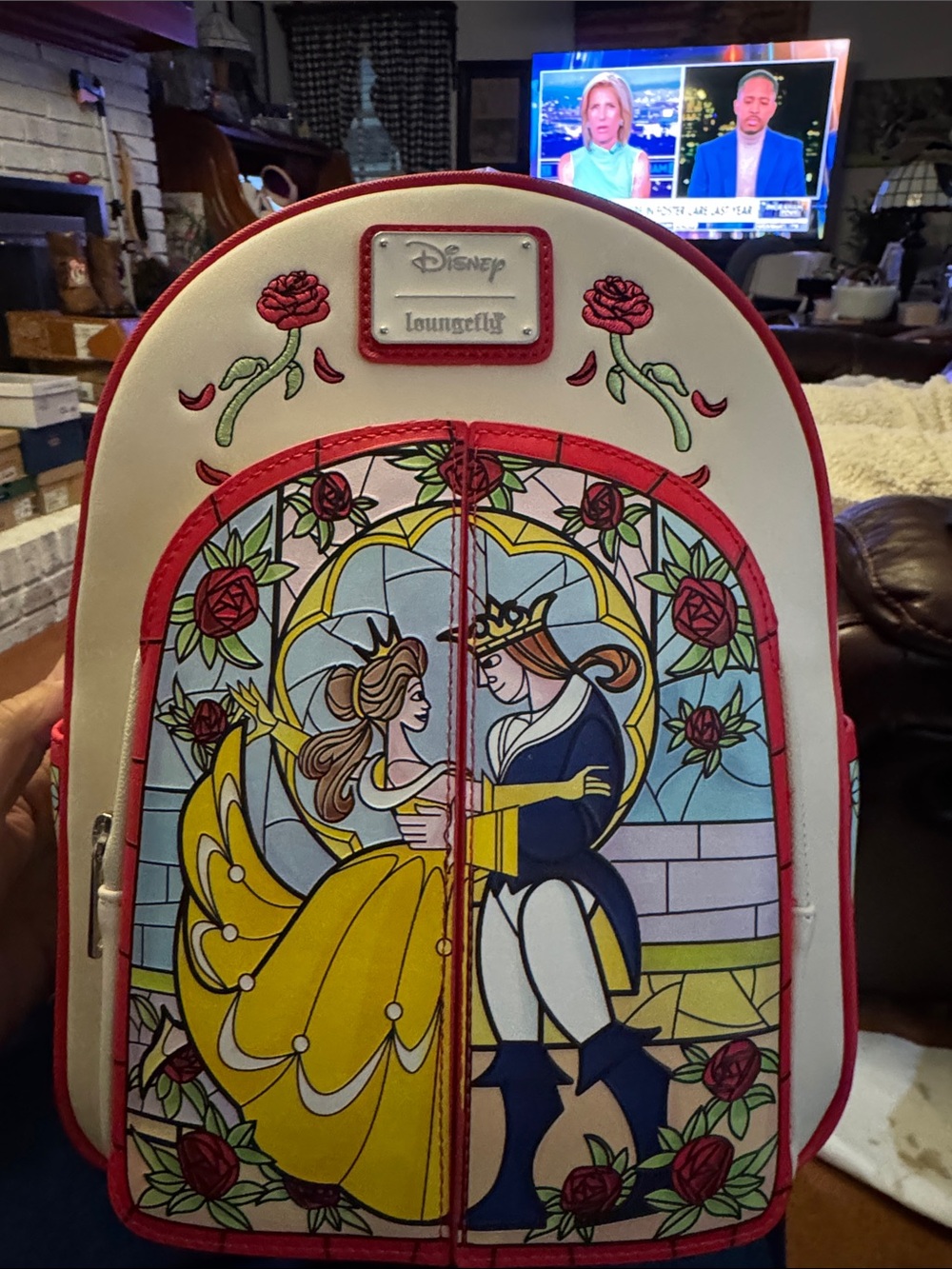 Loungefly Beauty and the Beast Stained-Glass Print Backpack in Yellow & Blue